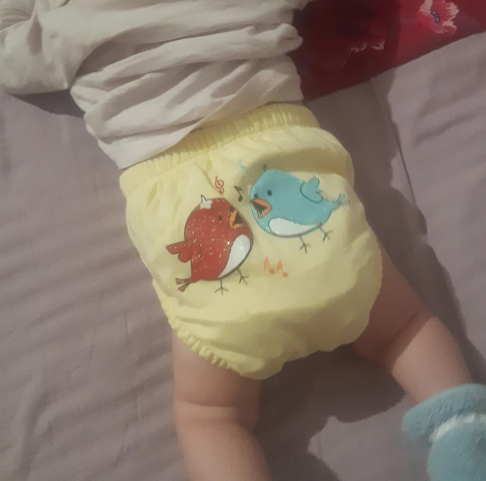 Хорошие трусики. Большеваты на 3 месяца, но на будущее самое-то. Надеваем такие трусики, что бы попа отдыхала от подгузников. Очень отлично!
Хочется сказать, всем, кто считает эти трусики заменой подгуза, это не так! Они намокают!