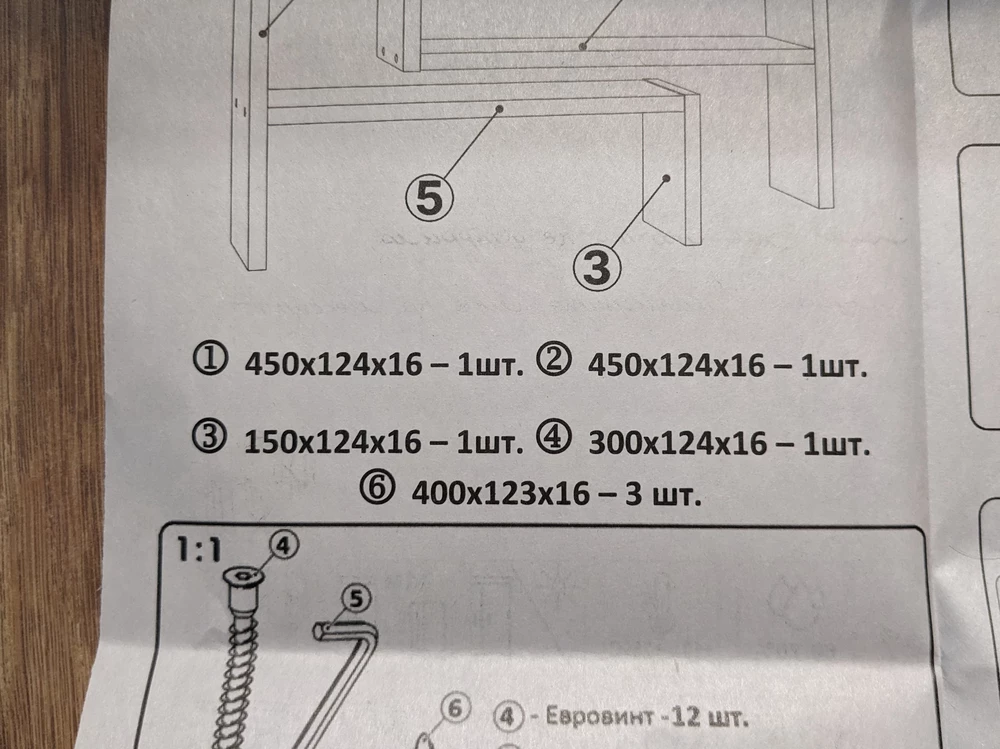 Детали 1 и 2 (как и в инструкции) одинаковой длины из за чего 2 части полки не собирются воедино и висит ножка.
В общем полная лажа