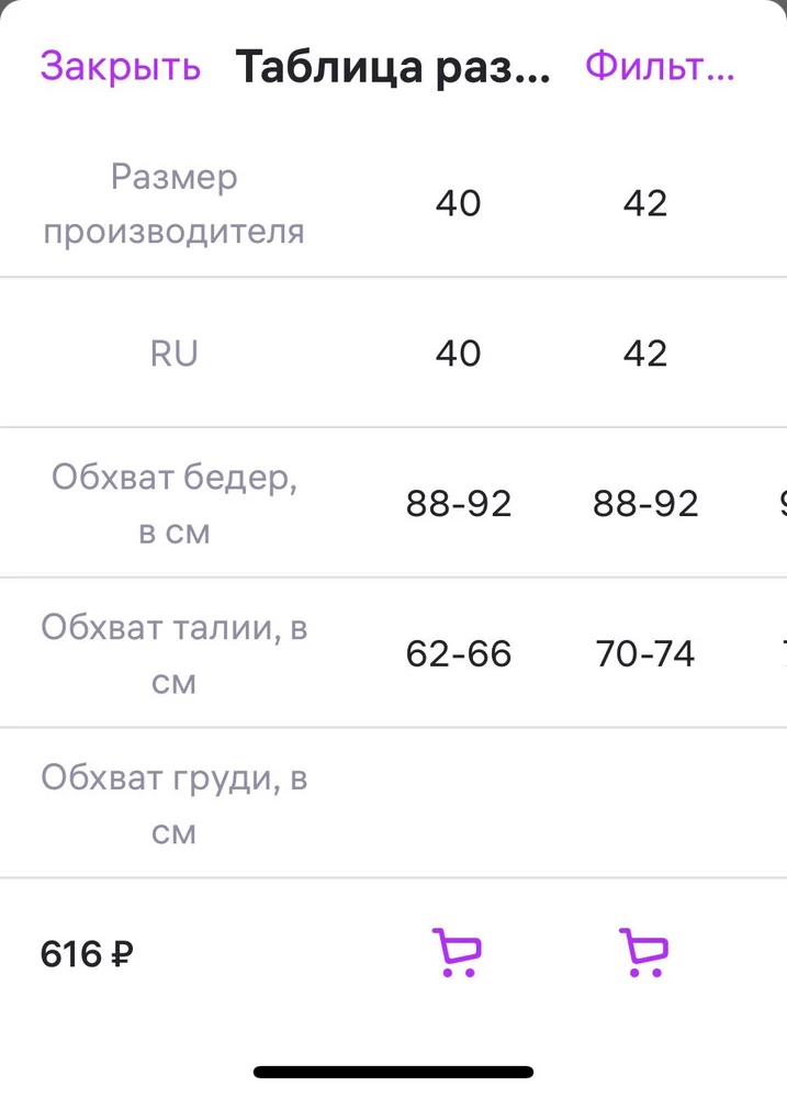 В таблице размеров , ОБ на размеры 40 и 42 стоит одинаковый , брала два размера на примерку , но вернула , на мой ОБ 92 , размер 42 свободные , размер 40 низкие очень и впереди и сзади , поэтому возврат , качество хорошее