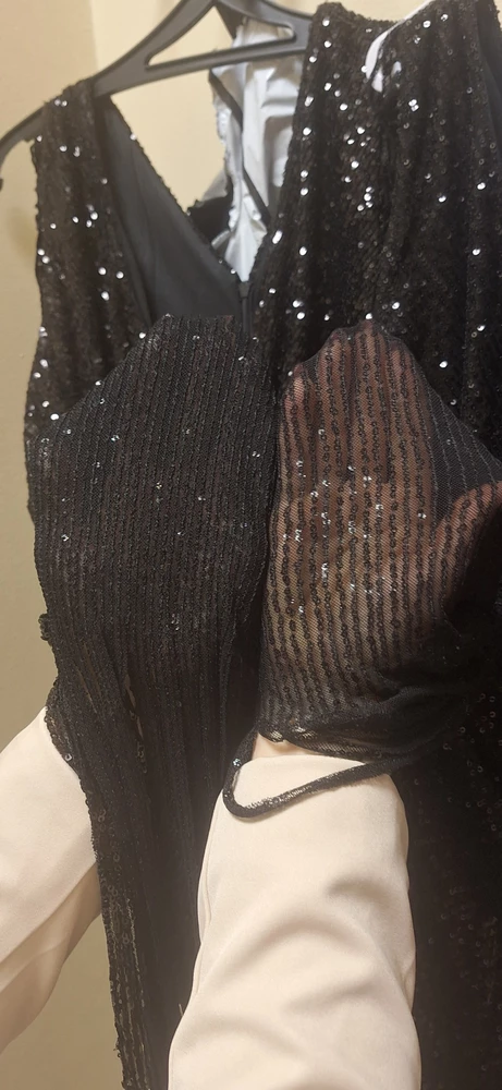 Очень хотелось бы прочитать комментарий производителя.  Я заказала данное платье в двух размерах,  прочитав здесь что оно маломерит. 46 и 48. И действительно на мой 46 размер подошло платье 48 размера. Теперь о платьях, они из разной ткани!! То, которое 46 размера блёстки пришиты более плотнее, на 48 же они дальше друг от друга,  поэтому смотрится не так красиво как на 46, бахрома не ровная, а как будто рваная.  И из за того, что ткань более тонкая, видно очень разницу между подкладом и платьем,  такая полоса внизу. Если посмотреть на платья сзади,  то 48 пошито лучше, на 46 ткань присборена, ошибка шитья.